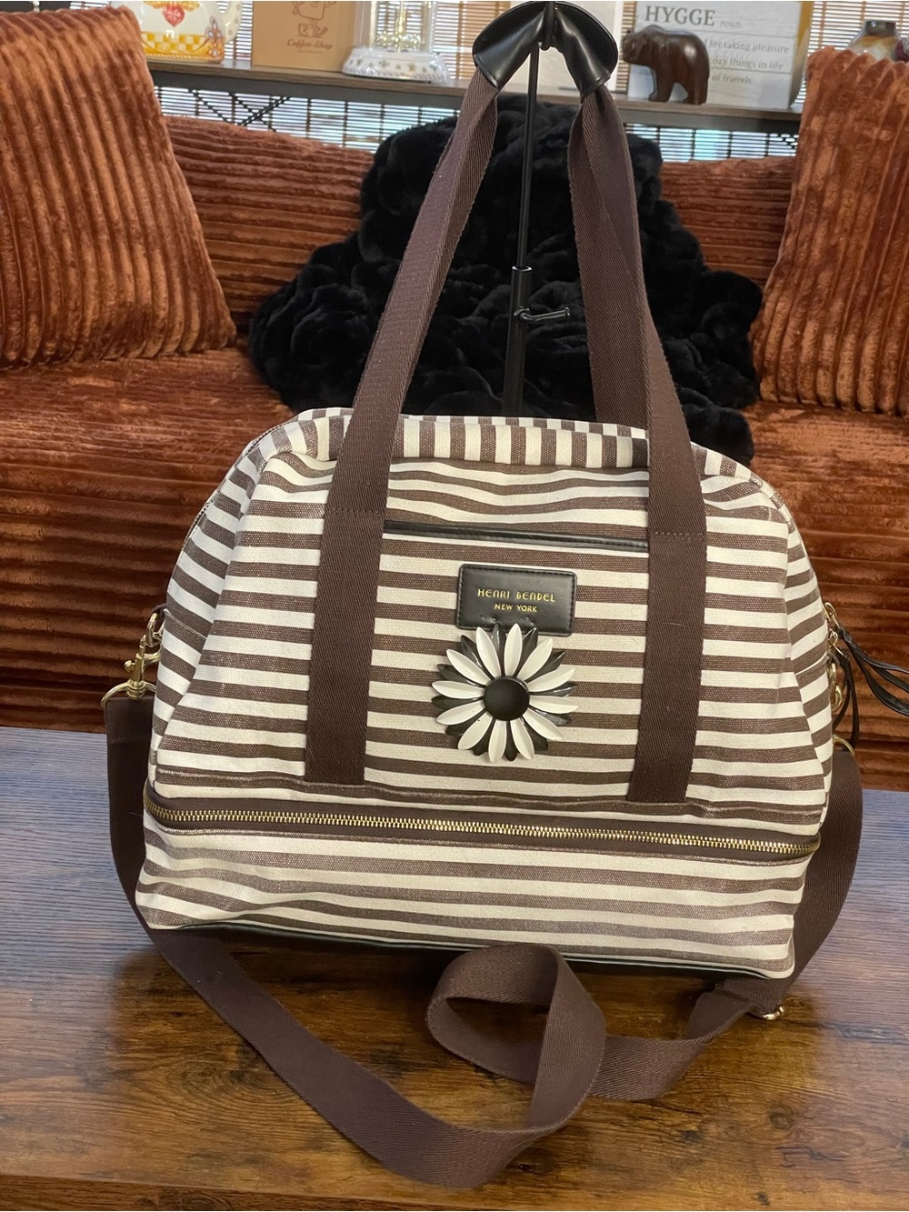 HENRI BENDEL Striped Canvas Weekender Bag w/Vintage Daisy Brooch Embellishment